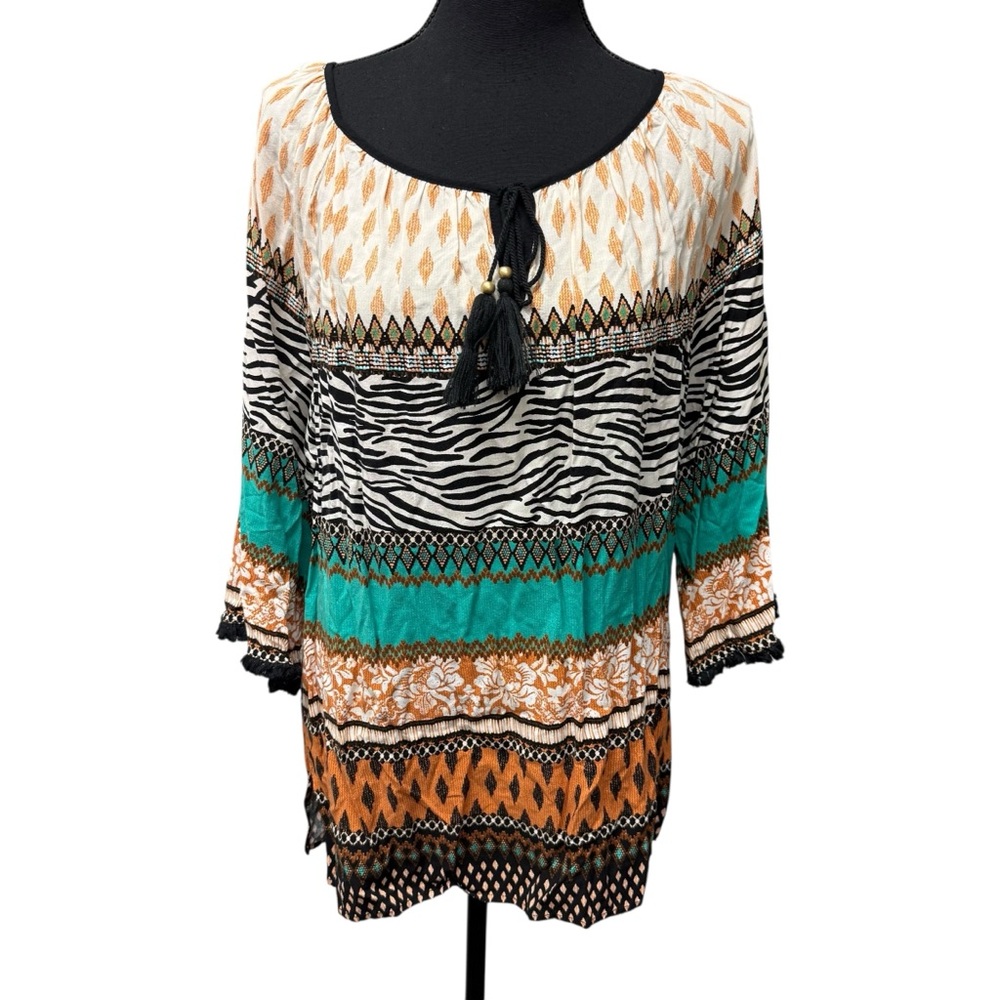 Ruby Rd Boho Mixed Print Tassel Blouse Large Zebra Tribal Top Rayon